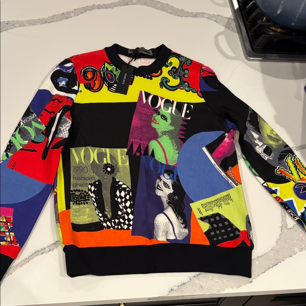 Versace Multicolor Vogue Print Sweater — Red, Yellow, Blue, Green, Black